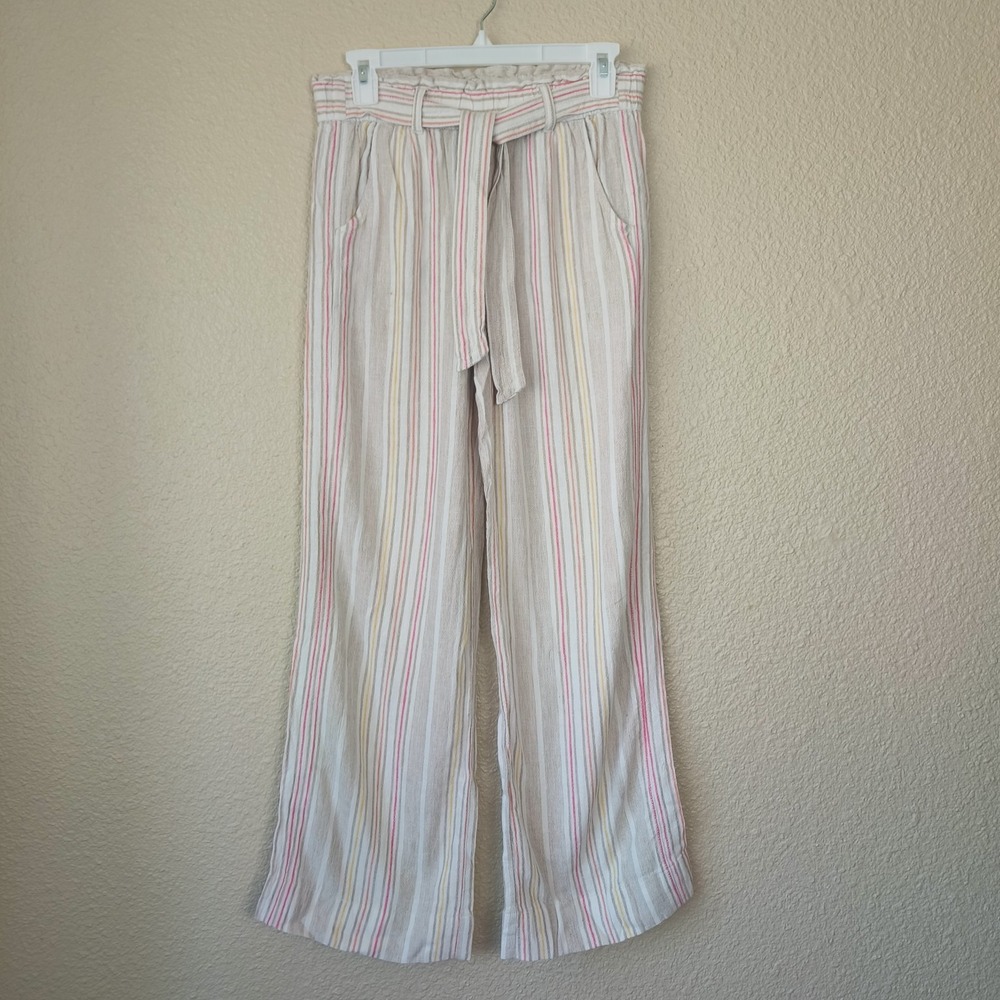 Jolt Paperbag Pants Women's S Beige Red Striped Tie Waist High Rise Straight Leg